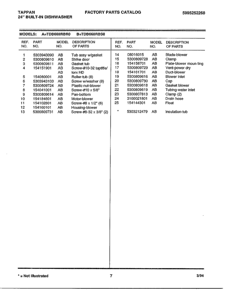 24" Built-in Dishwasher Page 7 Diagram and Parts List for 68-1085  Frigidaire Dishwasher