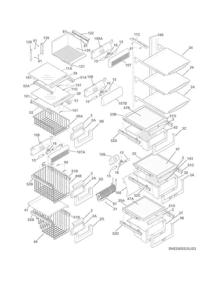 Shelves Diagram and Parts List for EI26SS30JS6A  Electrolux Refrigerator