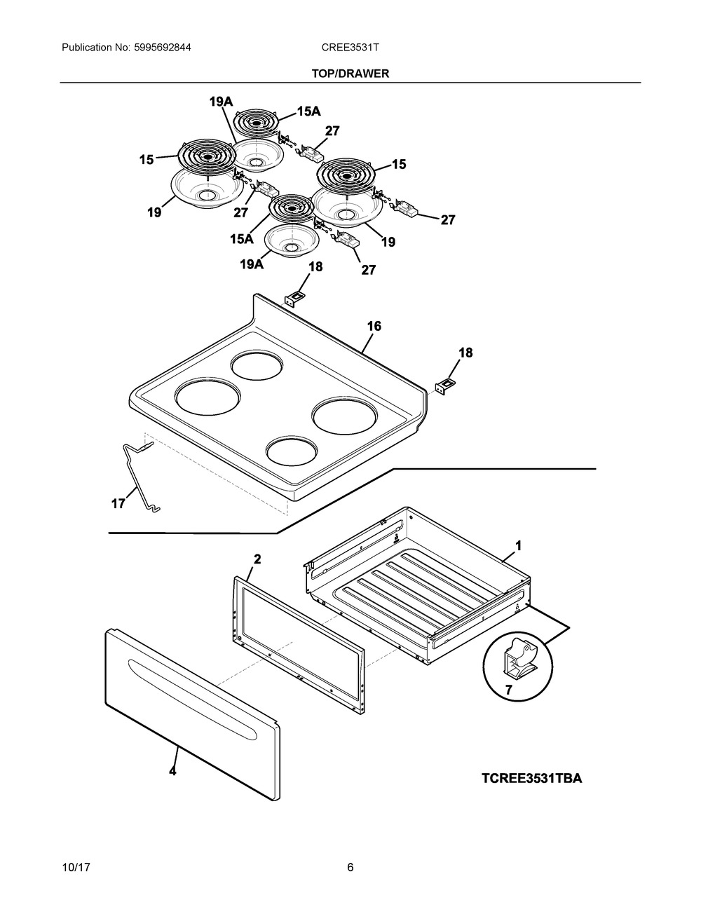 Top/drawer Diagram and Parts List for CREE3531TBA  Frigidaire Range