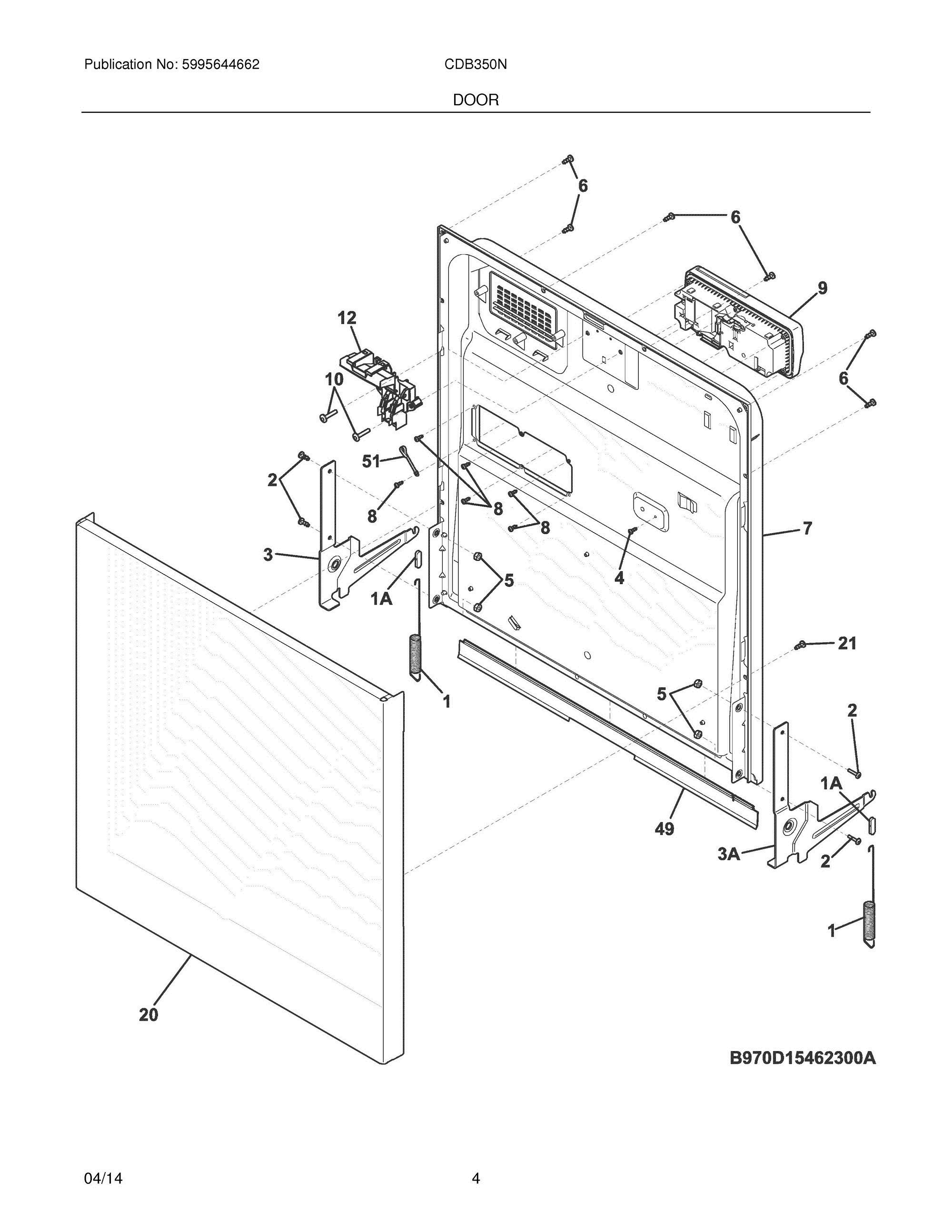 05 - DOOR Diagram and Parts List for CDB350NW1A  Frigidaire Dishwasher