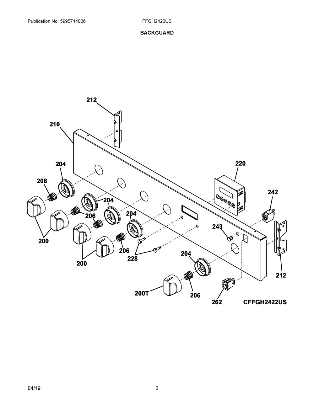 Backguard Diagram and Parts List for FFGH2422US  Frigidaire Range