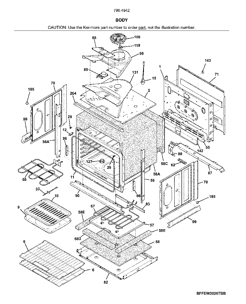Body Diagram and Parts List for 79049429316  Kenmore Wall Oven