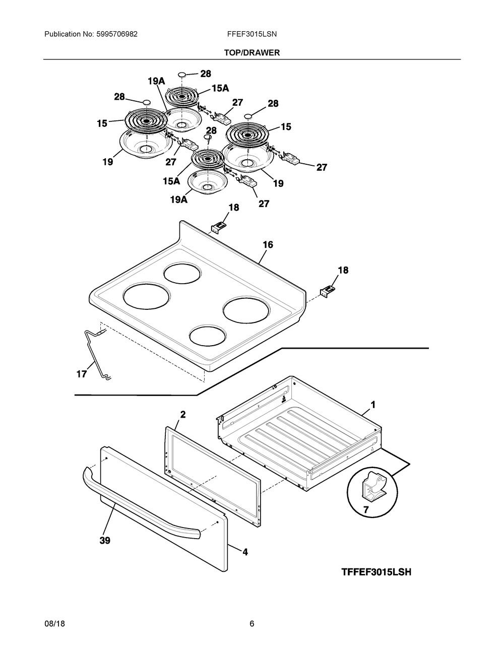 Top/drawer Diagram and Parts List for FFEF3015LSN  Frigidaire Range