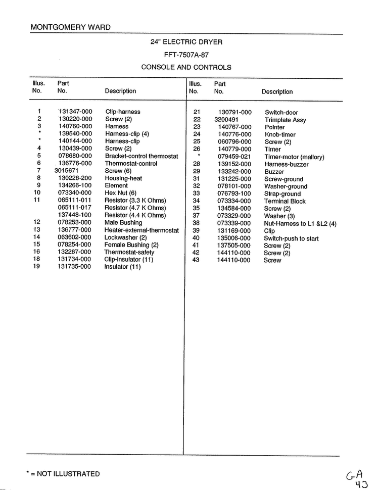 Console And Controls Page 2 Diagram and Parts List for 7507A  Frigidaire Dryer