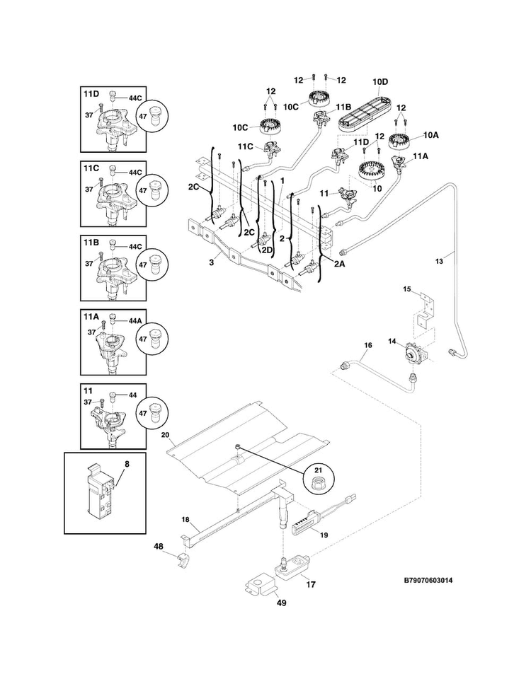 Burner Diagram and Parts List for FFGF3049LSG  Frigidaire Range