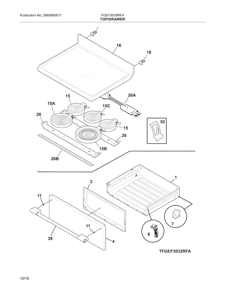 Top/drawer Diagram and Parts List for FGEF3035RFA  Frigidaire Range