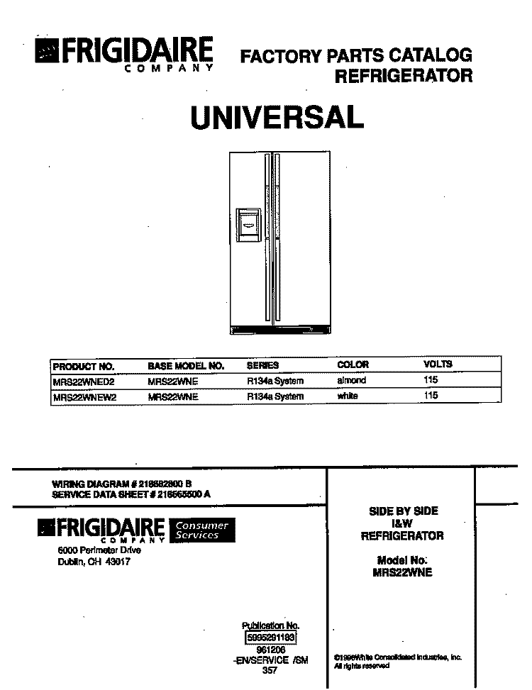 COVER Diagram and Parts List for MRS22WNEW2  Frigidaire Refrigerator