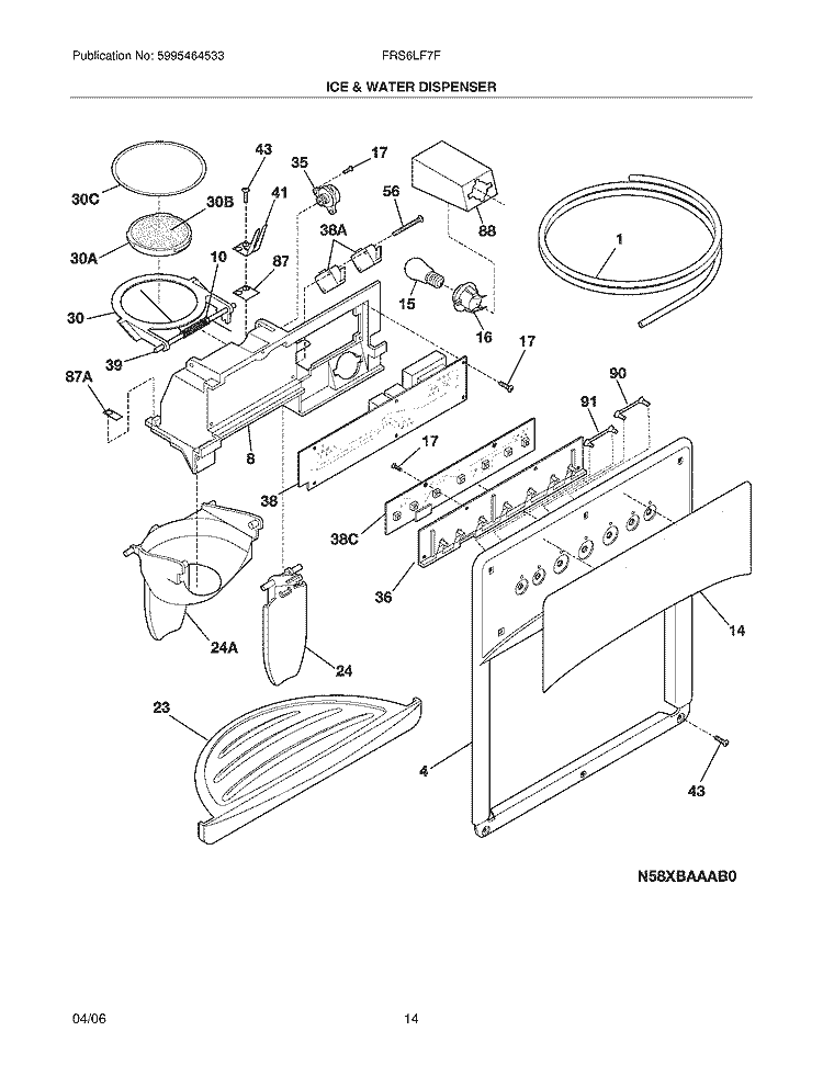 ICE & WATER DISPENSER Diagram and Parts List for FRS6LF7FS2  Frigidaire Refrigerator