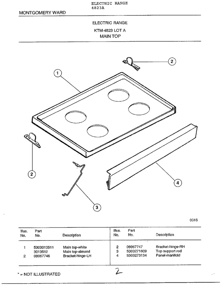 Main Top Diagram and Parts List for 4823A  Frigidaire Range
