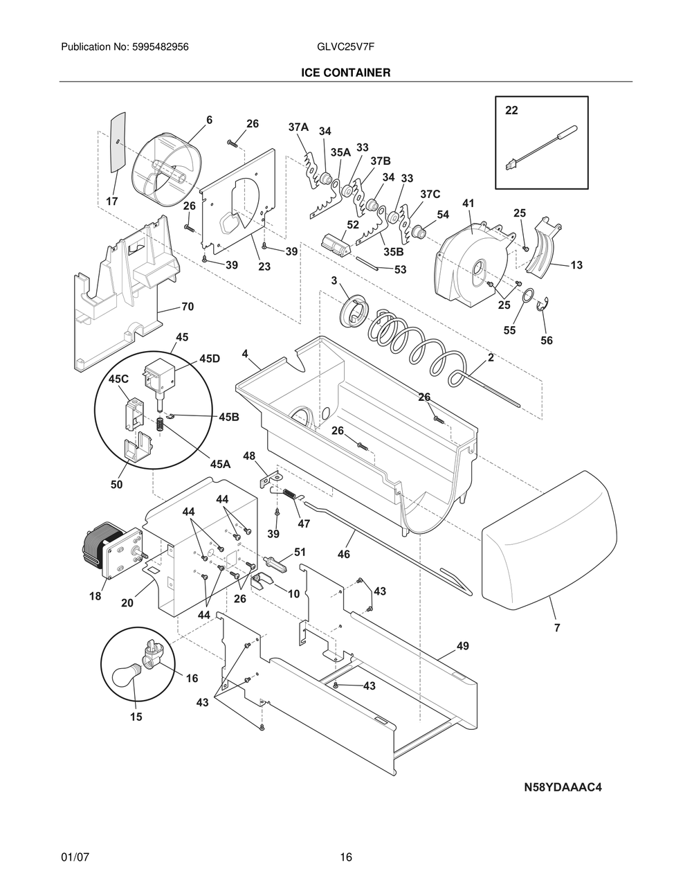 Ice Container Diagram and Parts List for GLVC25V7FW2  Frigidaire Refrigerator