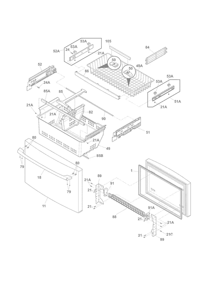 Freezer Drawer, Baskets Diagram and Parts List for EI23BC65KS6  Electrolux Refrigerator