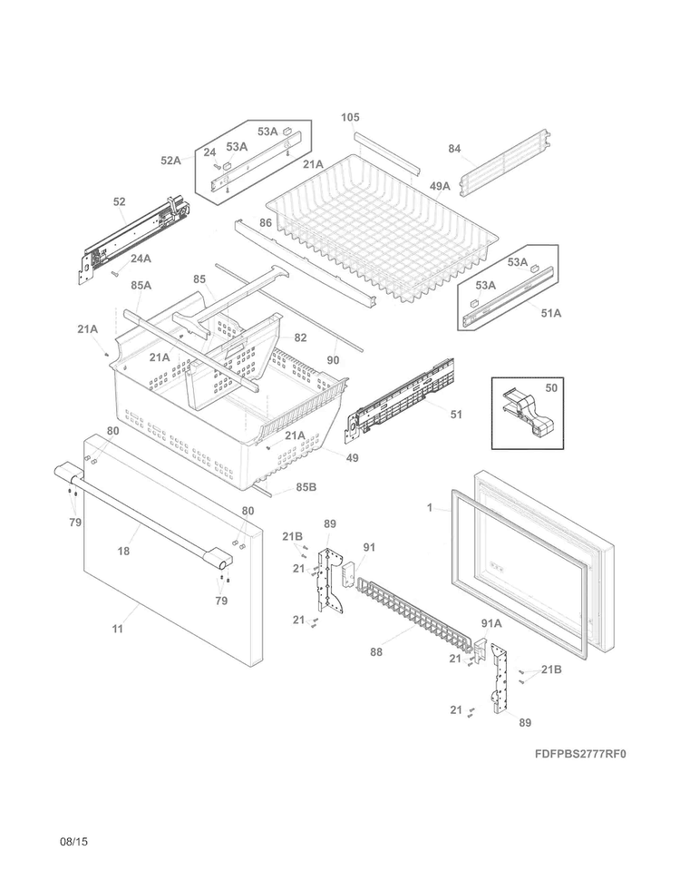 Freezer Drawer, Baskets Diagram and Parts List for FPBS2777RF1  Frigidaire Refrigerator