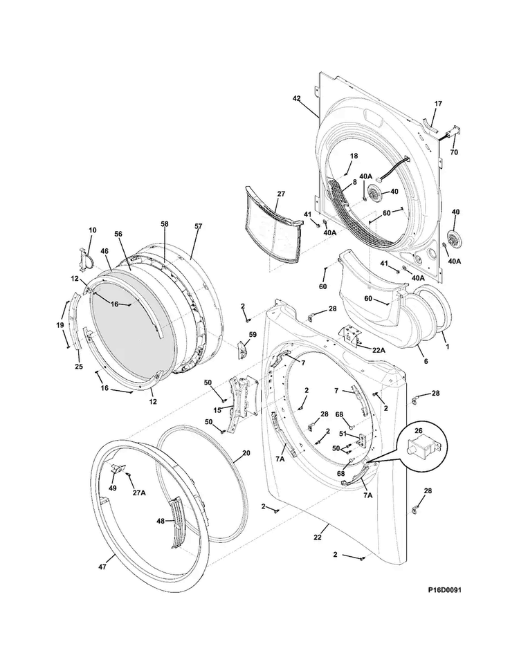 Front Panel/lint Filter Diagram and Parts List for EIED50LIW1  Electrolux Dryer