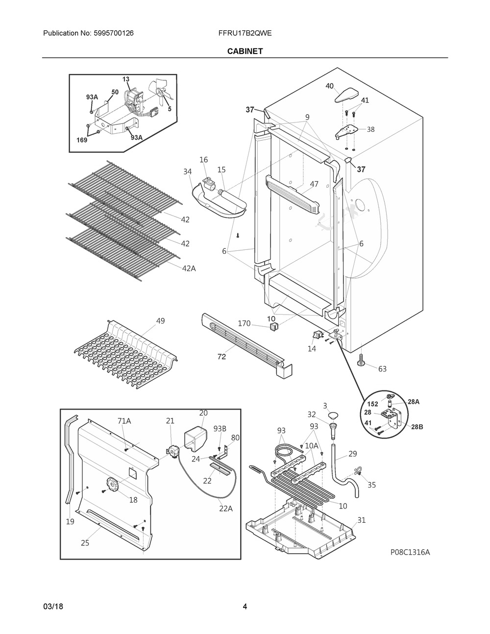 Cabinet Diagram and Parts List for FFRU17B2QWE  Frigidaire Refrigerator