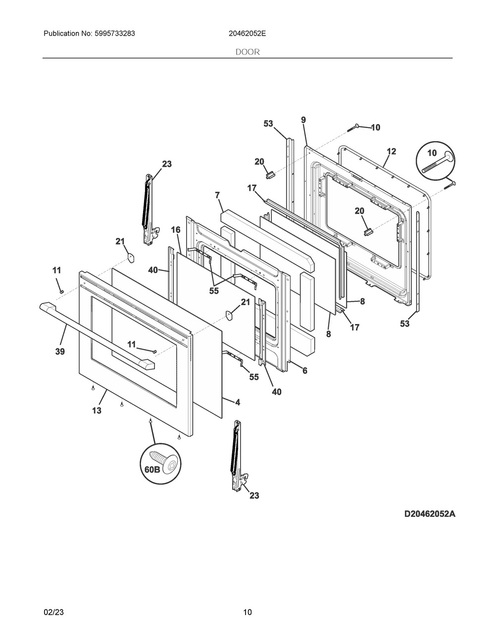 Door Diagram and Parts List for 20462052E  Frigidaire Range