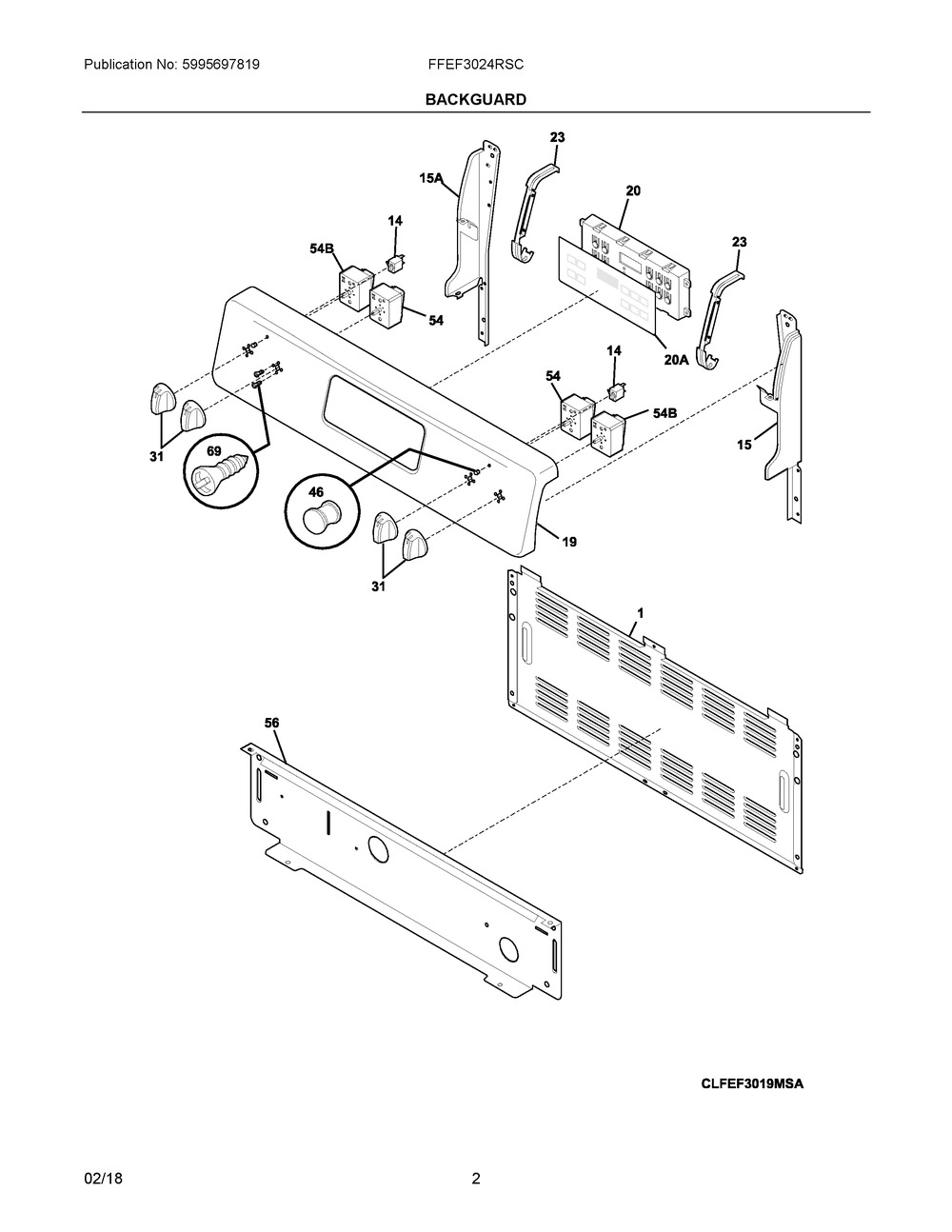 Backguard Diagram and Parts List for FFEF3024RSC  Frigidaire Range