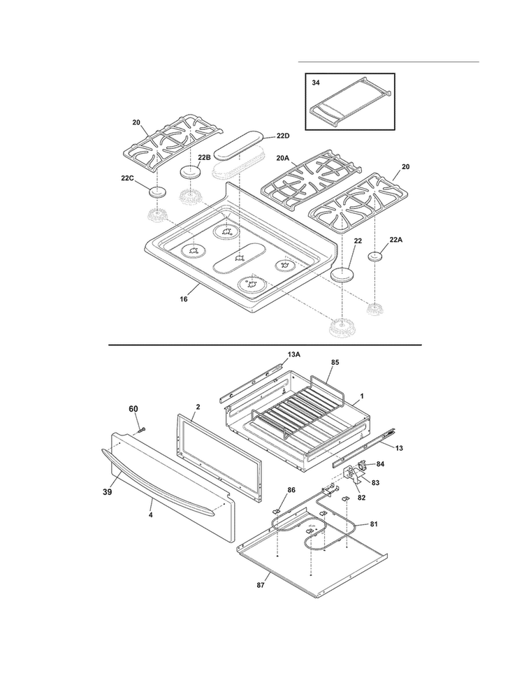 Top/drawer Diagram and Parts List for DGGF3054KFP  Frigidaire Range