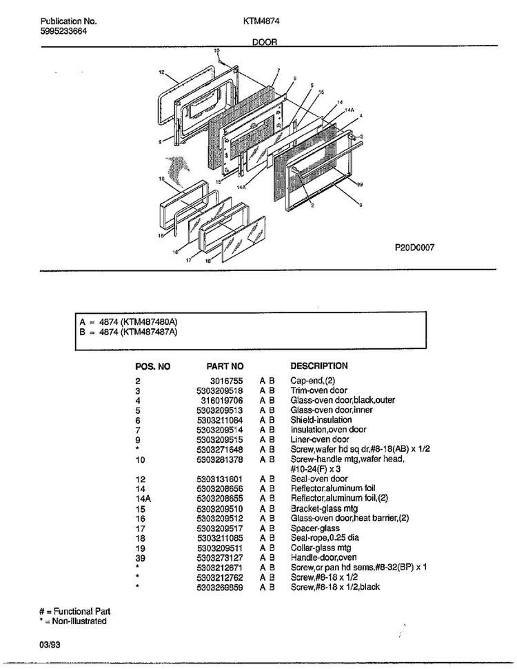 Door Diagram and Parts List for 4874-87A  Frigidaire Range