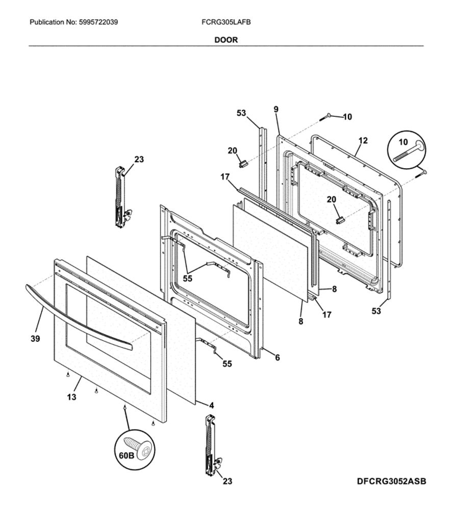 Door Diagram and Parts List for FCRG305LAFB  Frigidaire Range