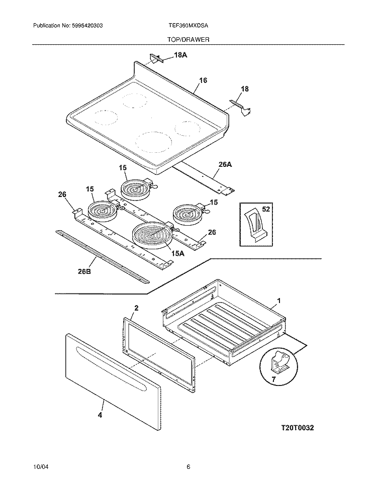 TOP / DRAWER Diagram and Parts List for TEF360MXDSA  Tappan Range