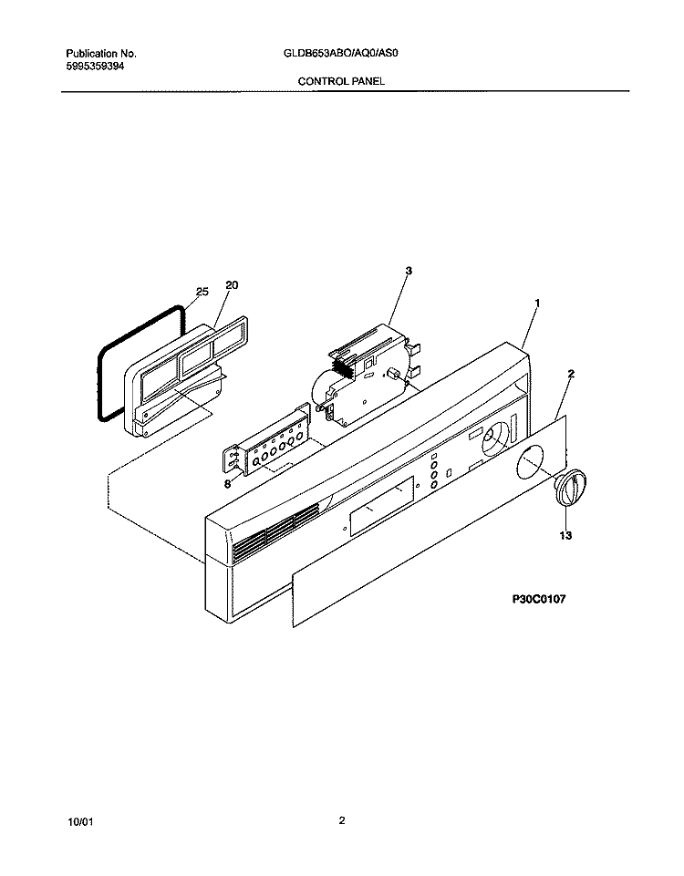 CONTROL PANEL Diagram and Parts List for GLDB653AS0  Frigidaire Dishwasher