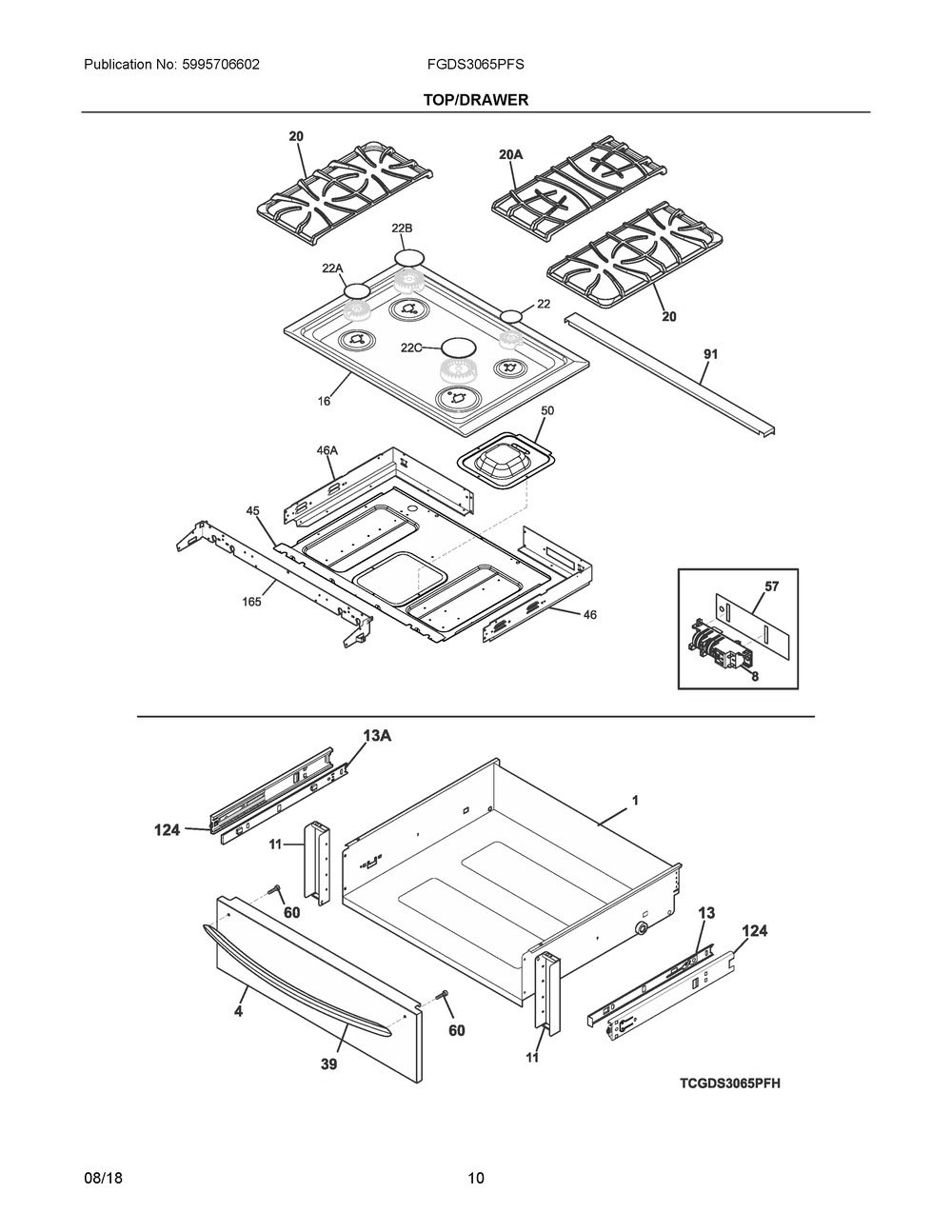 Top/drawer Diagram and Parts List for FGDS3065PFS  Frigidaire Range