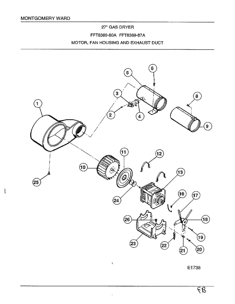 Motor, Fan Housing And Exhaust Duct Diagram and Parts List for 8389-80A  Frigidaire Dryer
