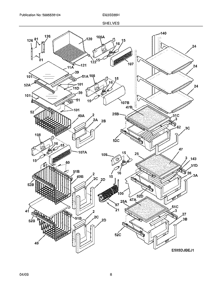 SHELVES Diagram and Parts List for EI23SS55HW1  Electrolux Refrigerator