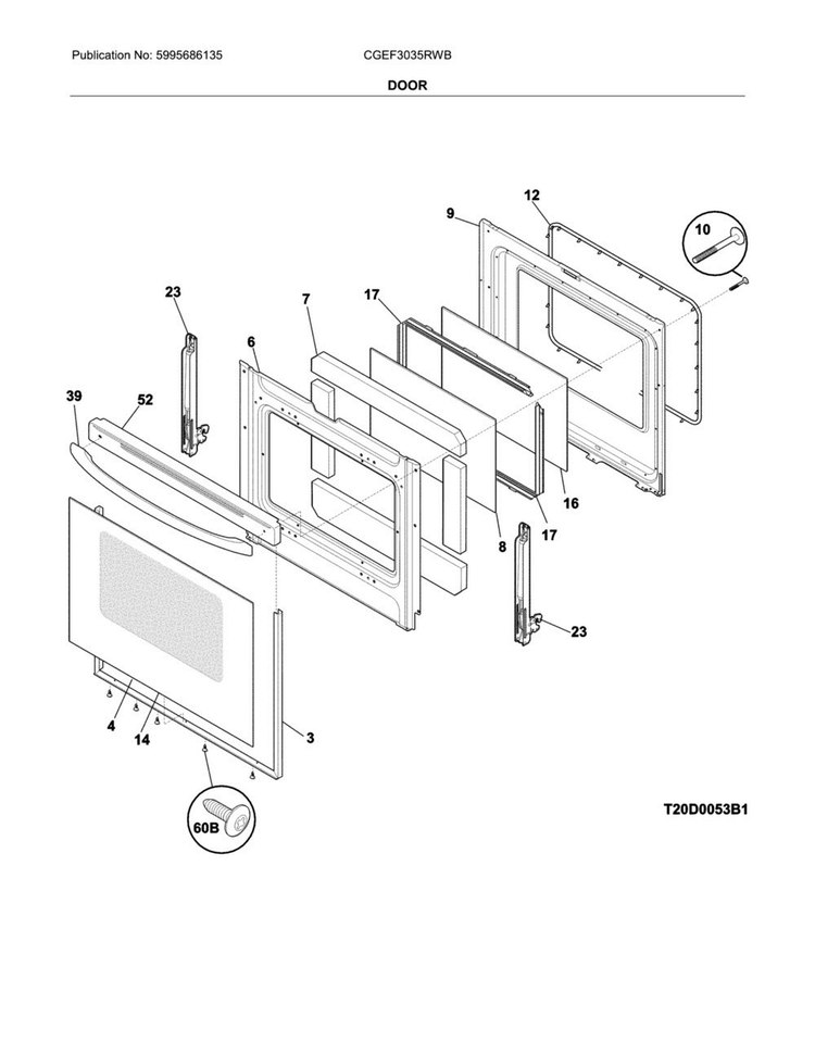 Door Diagram and Parts List for CGEF3035RWB  Frigidaire Range
