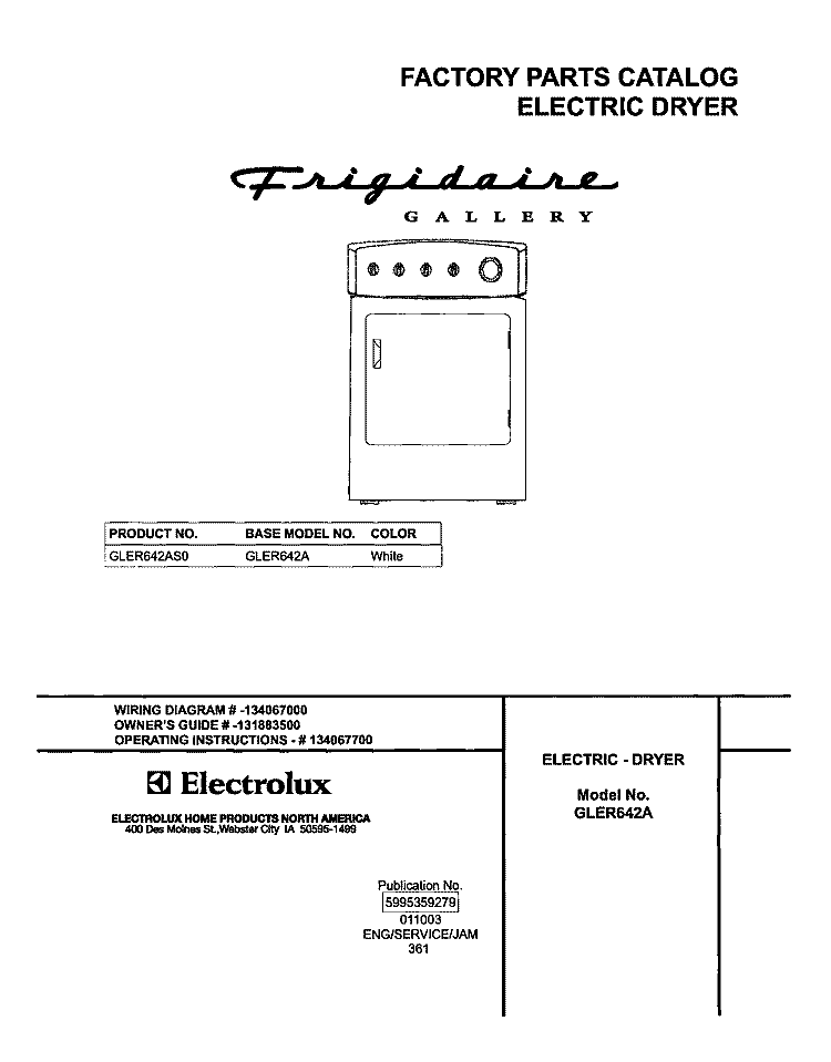 COVER Diagram and Parts List for GLER642AS0  Frigidaire Dryer