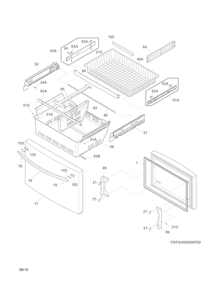 Freezer Drawer, Baskets Diagram and Parts List for FGHN2866PE3A  Frigidaire Refrigerator
