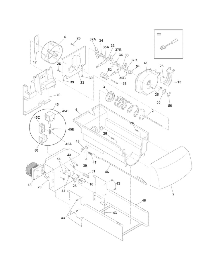 Ice Container Diagram and Parts List for FGEX26D6QF0  Frigidaire Refrigerator