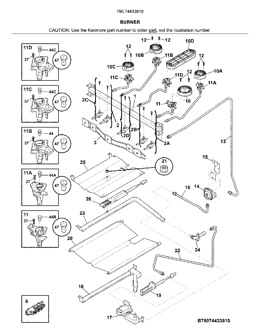 Burner Diagram and Parts List for 79074433810  Kenmore Range