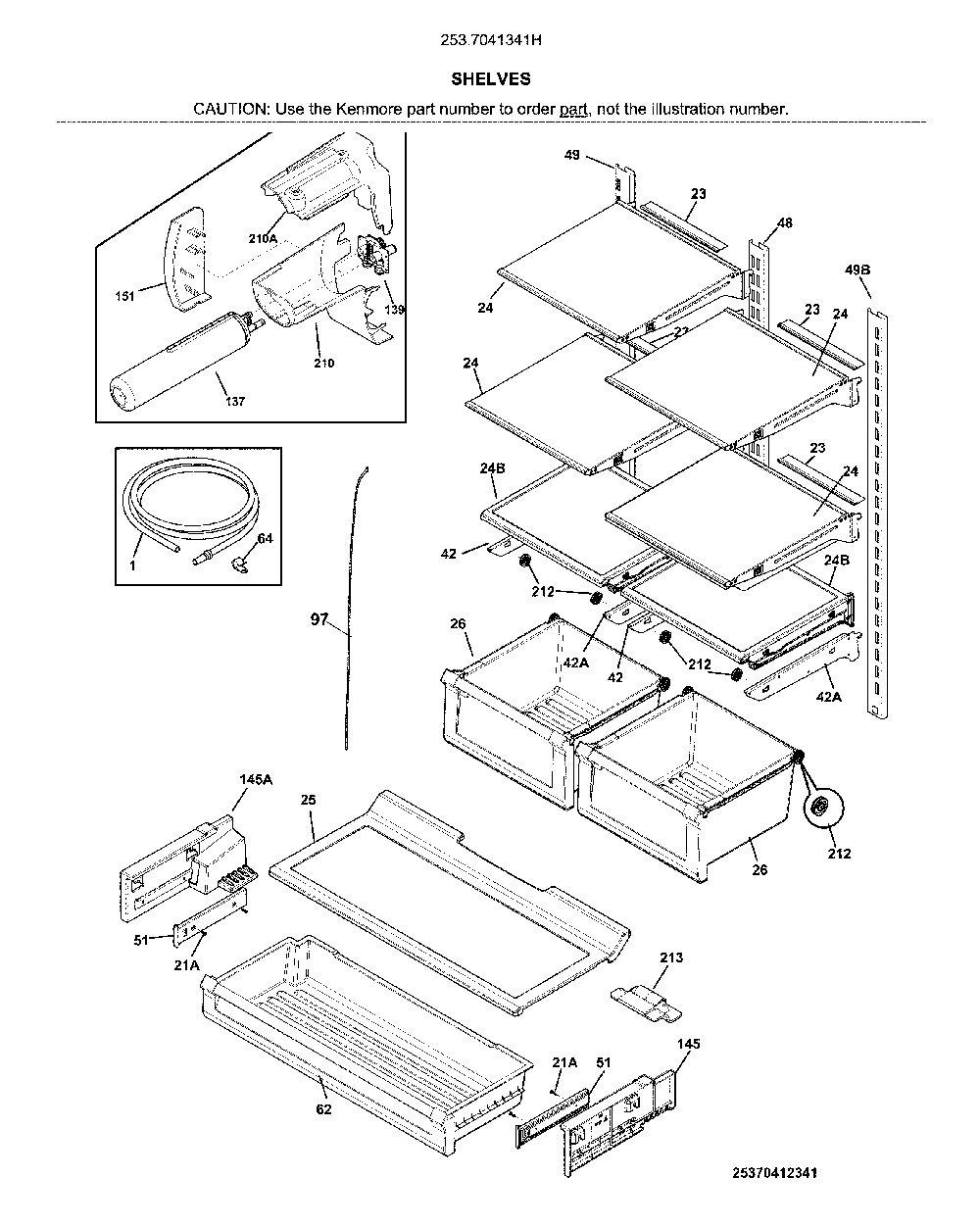 Shelves Diagram and Parts List for 2537041341H  Kenmore Refrigerator