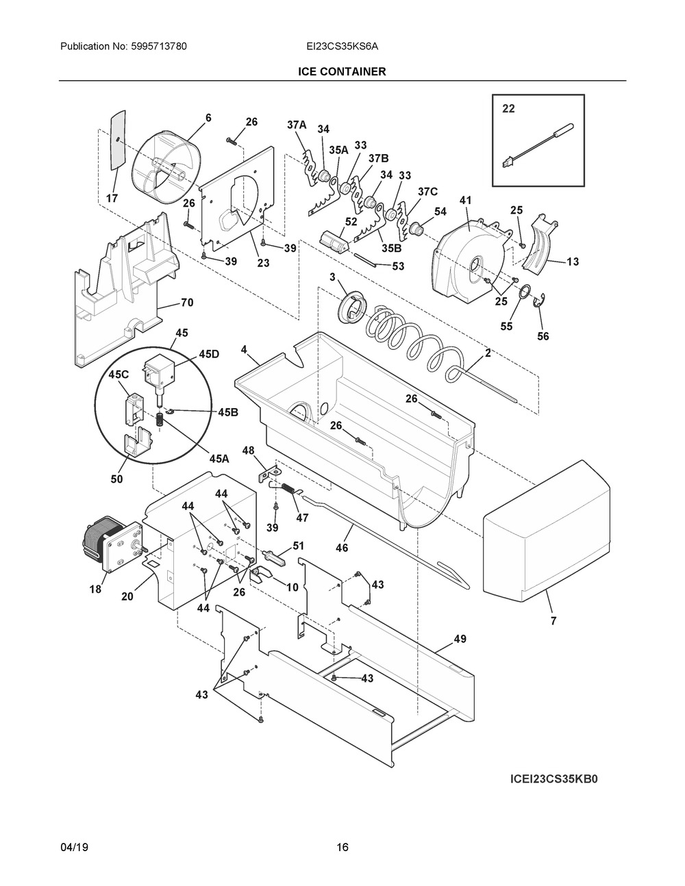 Ice Container Diagram and Parts List for EI23CS35KS6A  Frigidaire Refrigerator