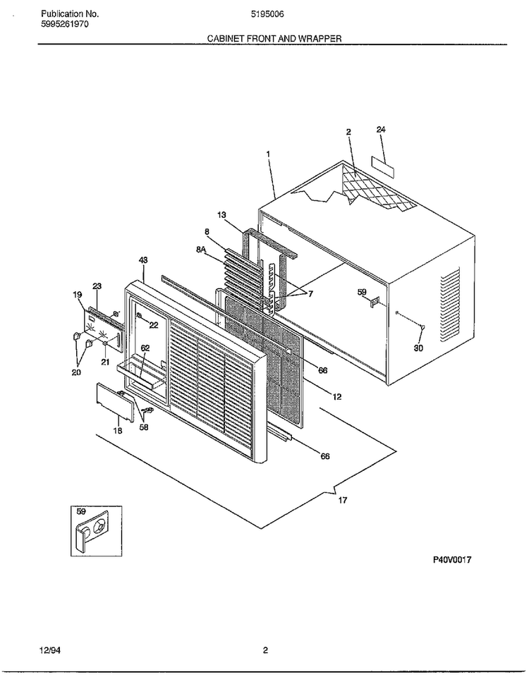 Cabinet Front And Wrapper Diagram and Parts List for 5195006A  Frigidaire Air Conditioner