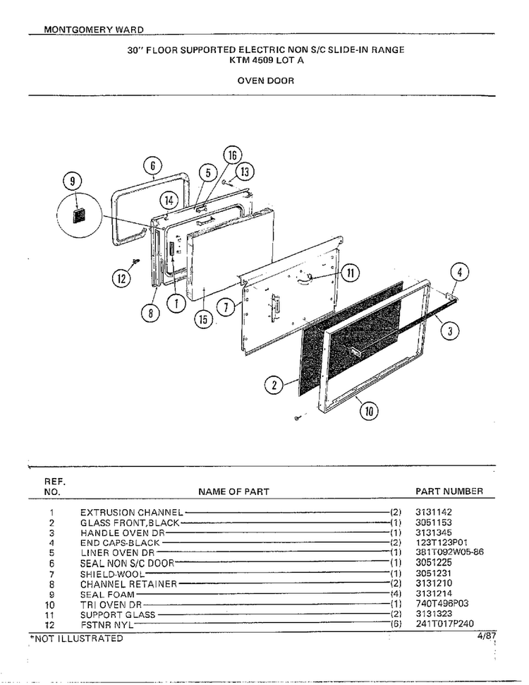 30" Floor/oven Door Diagram and Parts List for 4509A  Frigidaire Range