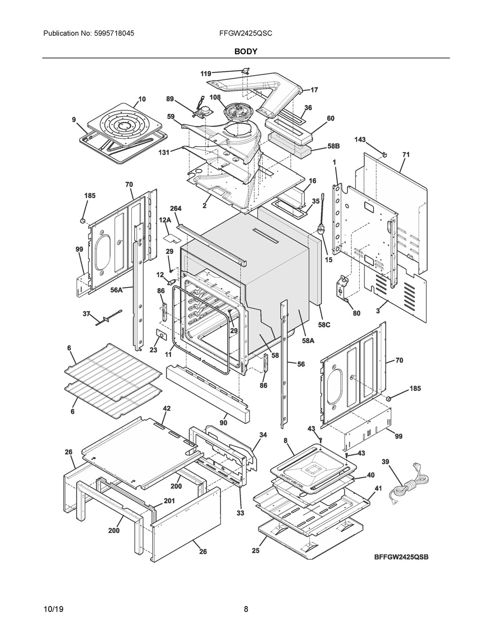 Body Diagram and Parts List for FFGW2425QSC  Frigidaire Wall Oven