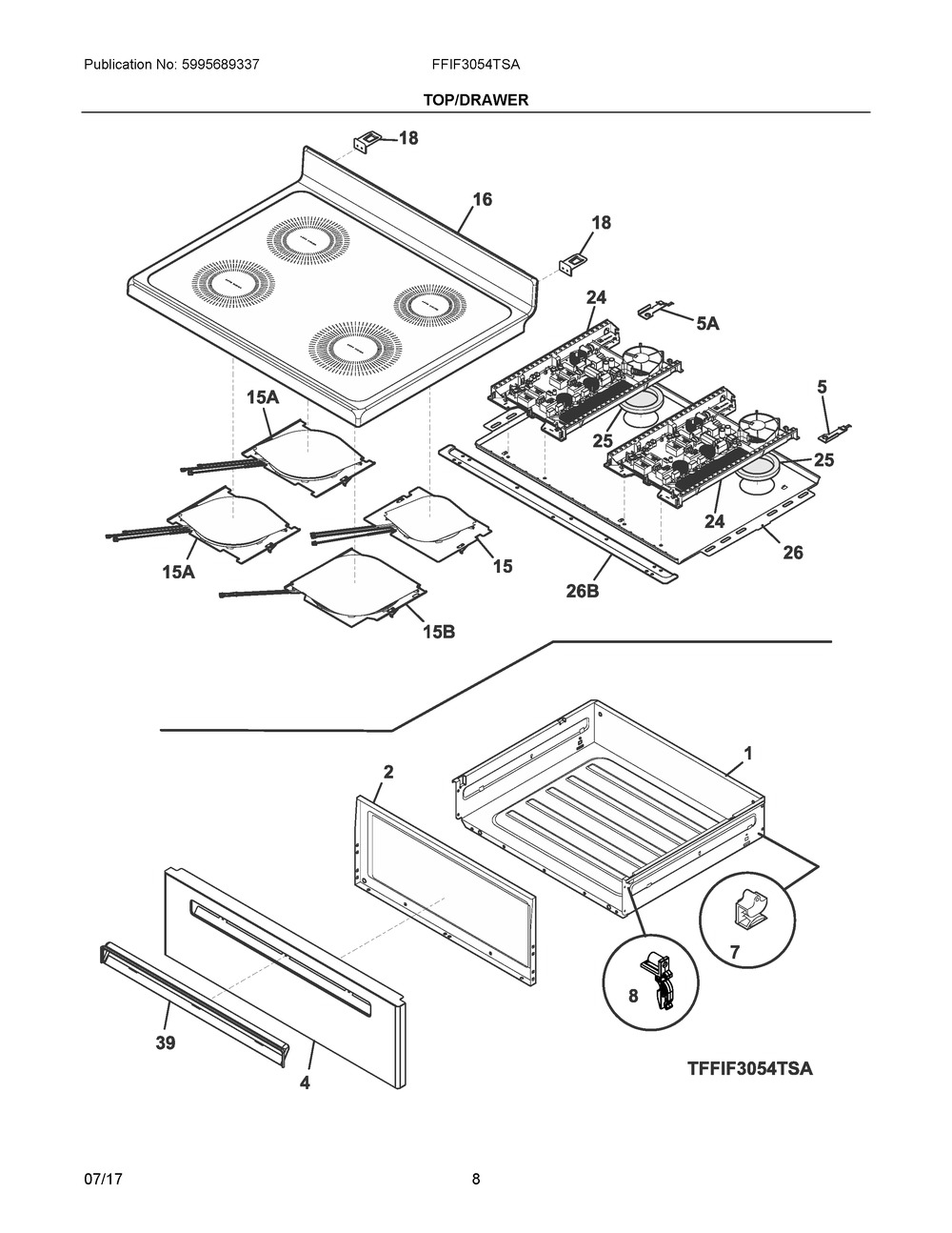 Top/drawer Diagram and Parts List for FFIF3054TSA  Frigidaire Range