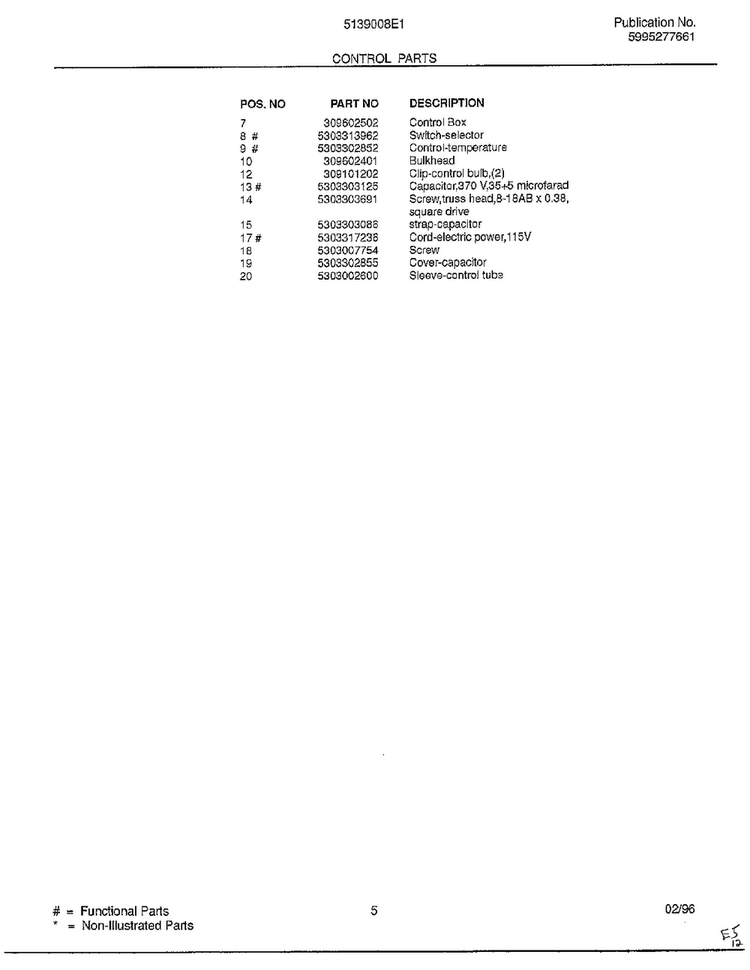 Control Parts Page 2 Diagram and Parts List for 5139008E1  Frigidaire Air Conditioner