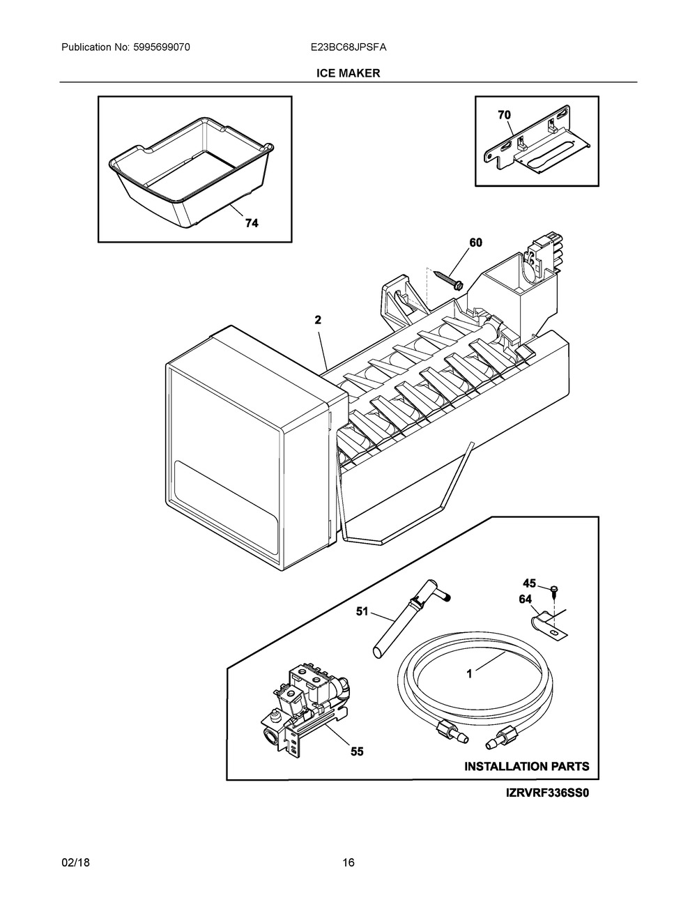 Ice Maker Diagram and Parts List for E23BC68JPSFA  Frigidaire Refrigerator