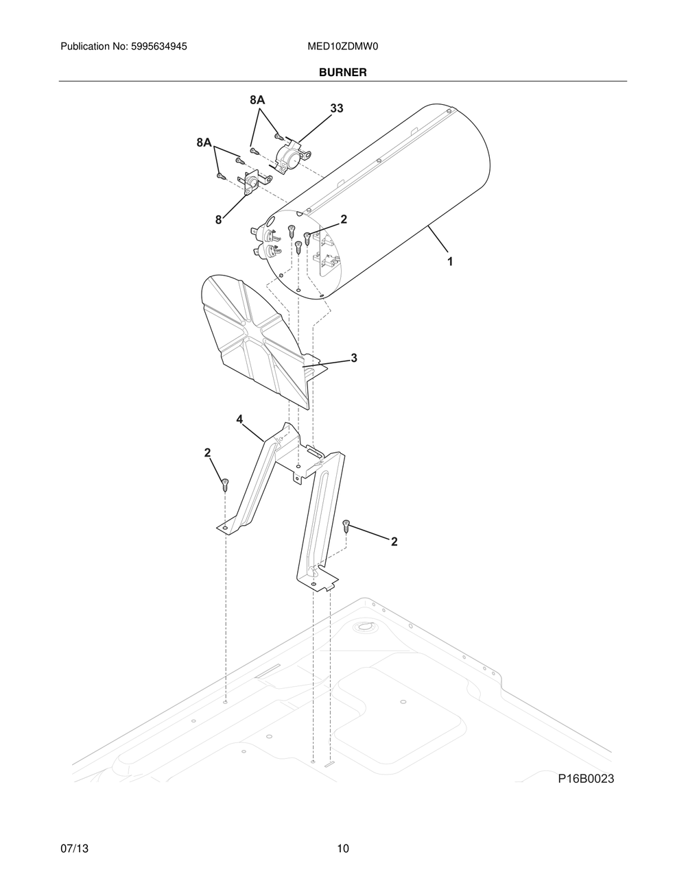 Burner Diagram and Parts List for MED10ZDMW0  Frigidaire Dryer
