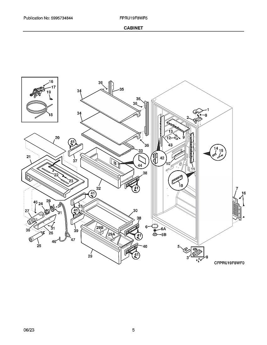 Cabinet Diagram and Parts List for FPRU19F8WF5  Frigidaire Freezer