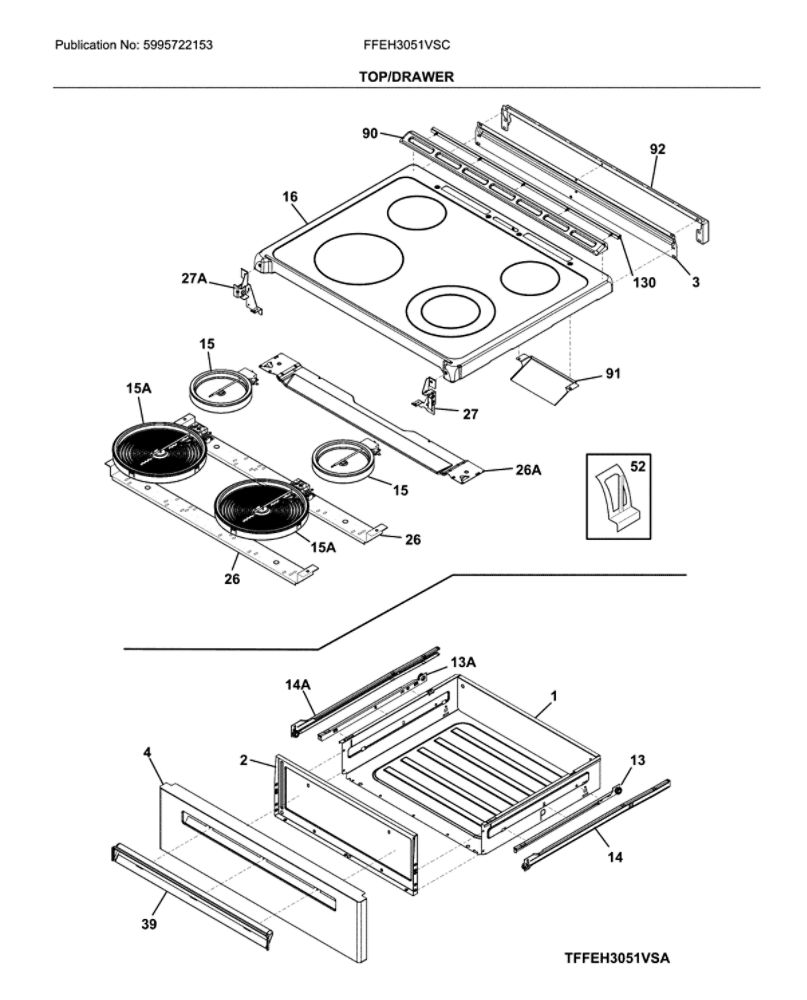 Top/Drawer Diagram and Parts List for FFEH3051VSC  Frigidaire Range