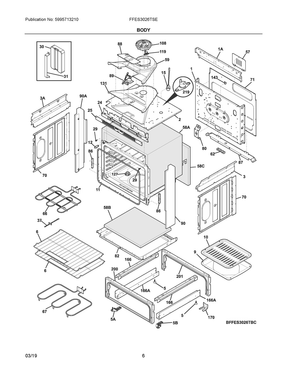 Body Diagram and Parts List for FFES3026TSE  Frigidaire Range