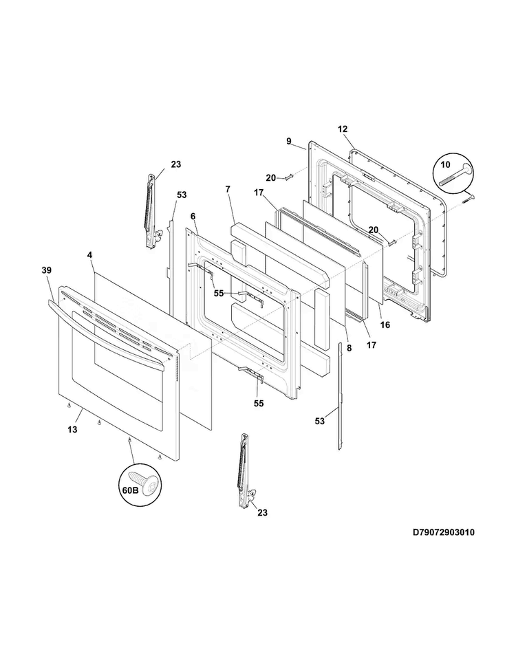 Door Diagram and Parts List for FGGF3058RFA  Frigidaire Range