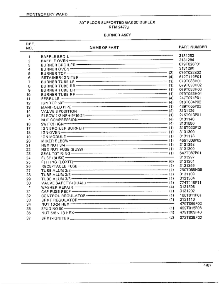 30" Floor/burner Assy Page 2 Diagram and Parts List for 2477A  Frigidaire Range