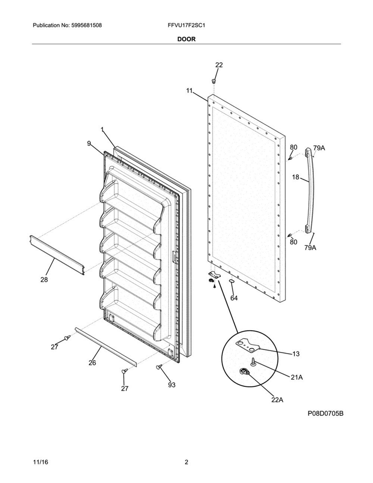 Door Diagram and Parts List for FFVU17F2SC1  Frigidaire Freezer