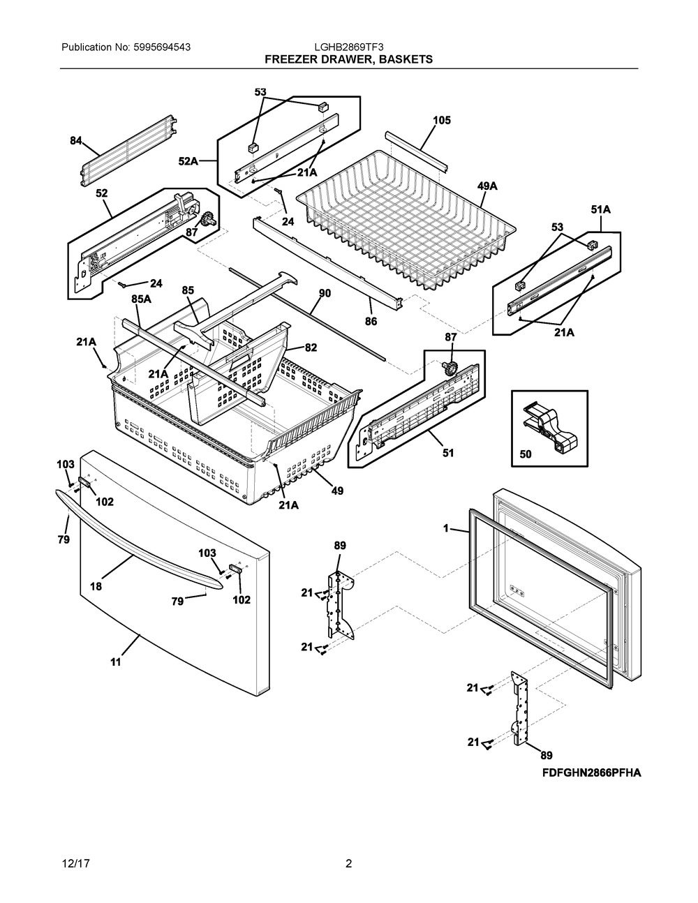 Freezer Drawer, Baskets Diagram and Parts List for LGHB2869TF3  Frigidaire Refrigerator