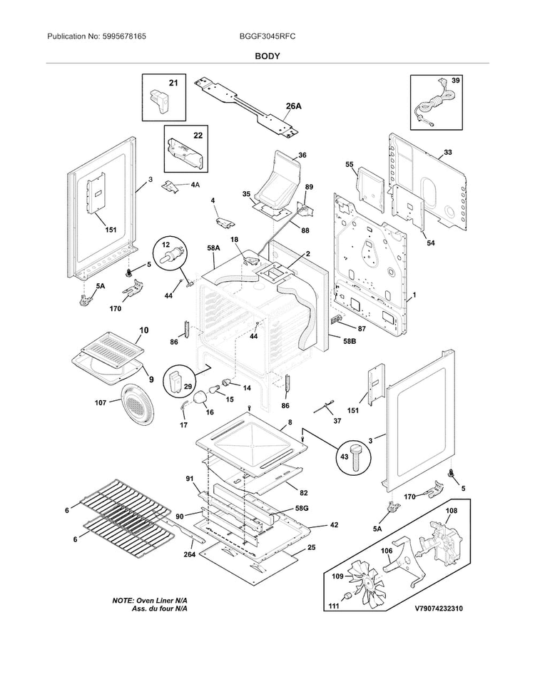 Body Diagram and Parts List for BGGF3045RFC  Frigidaire Range